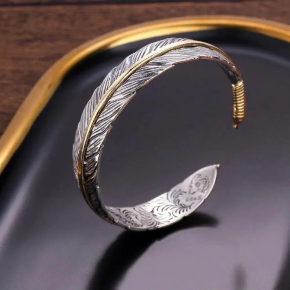 Takahashi Goro's Handmade Silver Golden Feather Cuff Bracelet Bangle